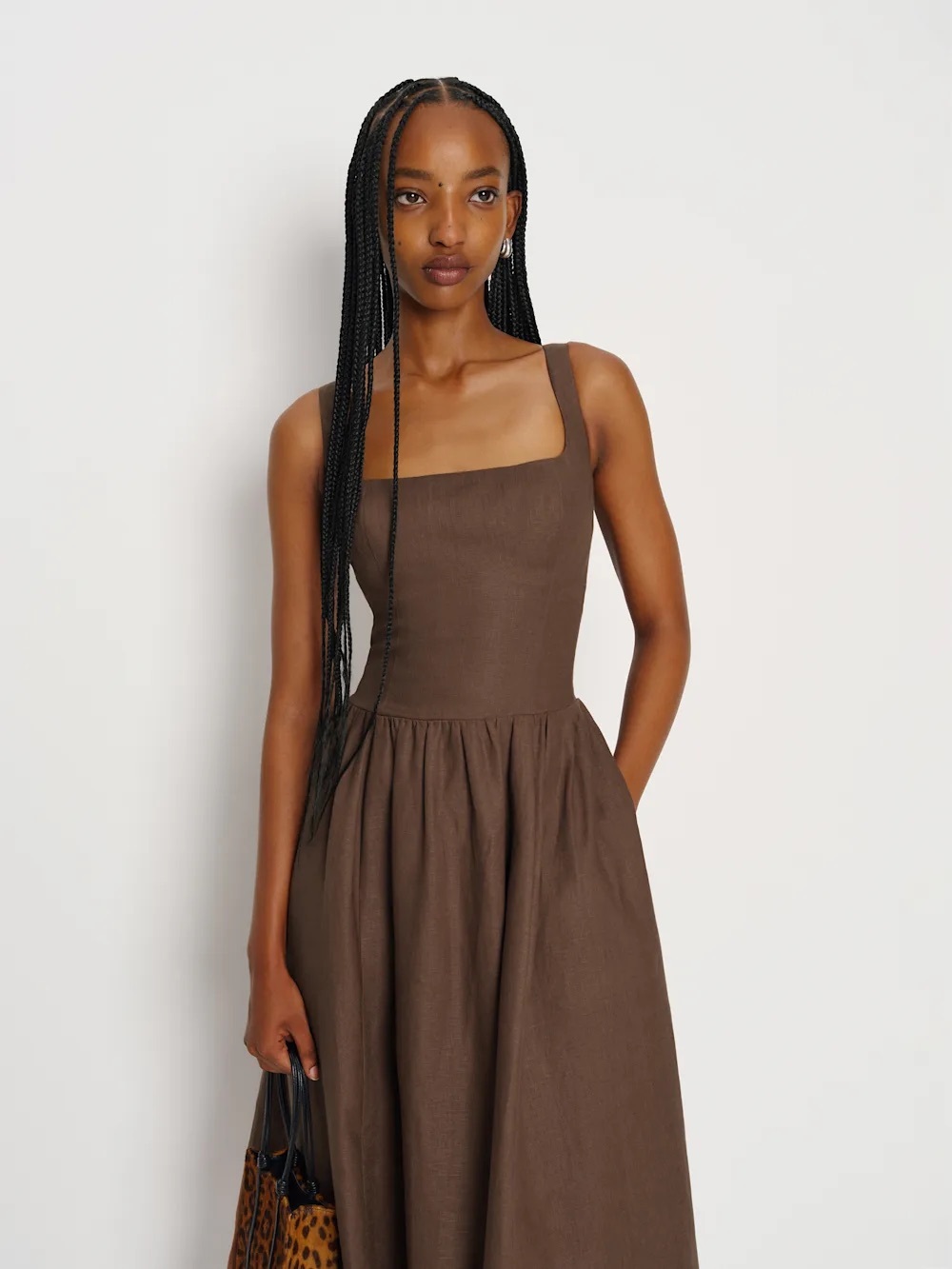 NEW Reformation Janu Square Neck Midi Linen Dress Chocolate Cake Brown US 4 UK 8
